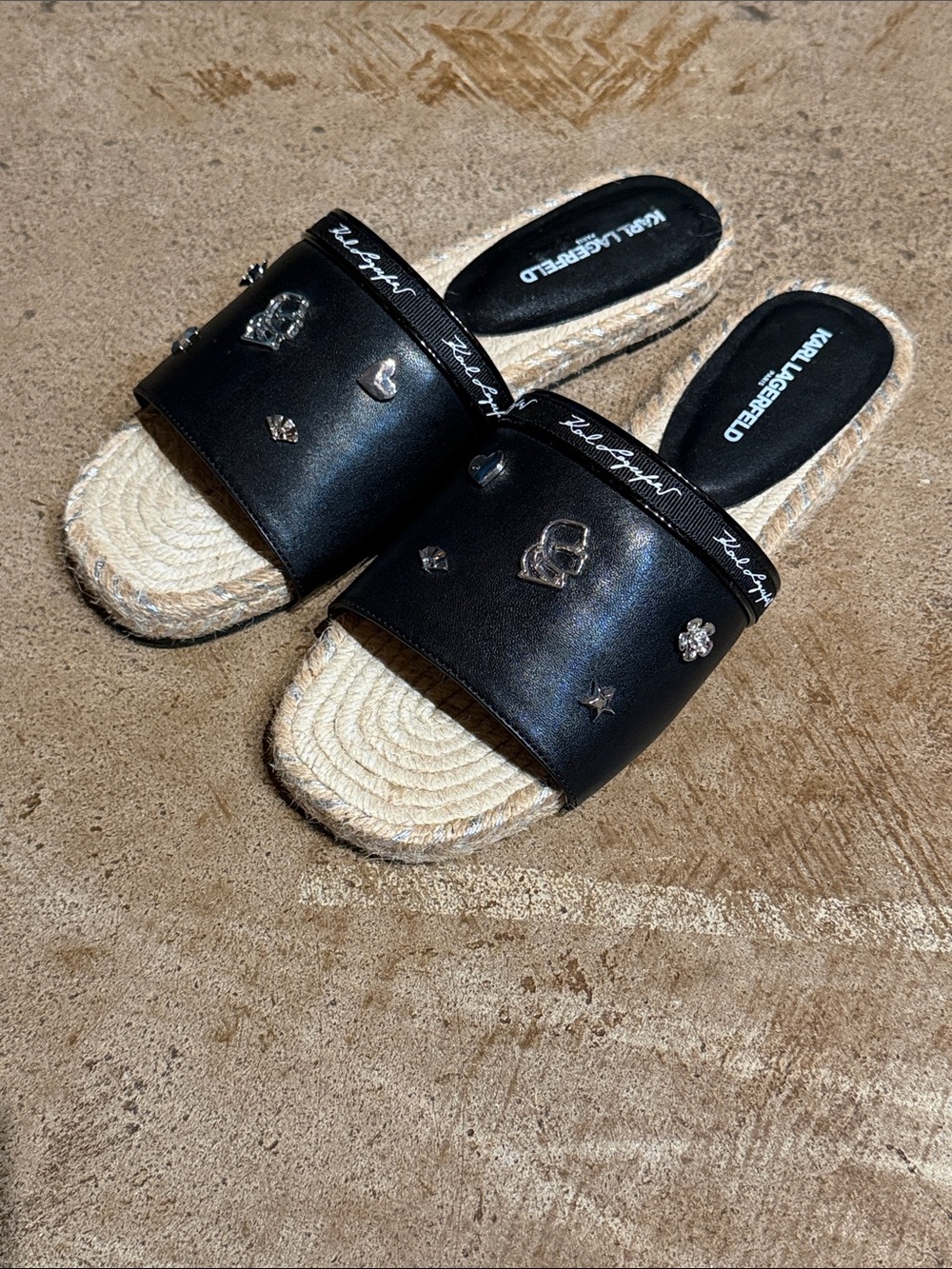 Karl Lagerfeld Black Leather Charm Slide Sandals